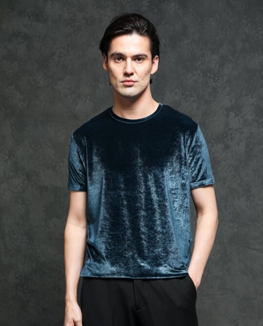 Rare Rabbit Men's Timo Teal Polyester Fabric Crew Neck Half Sleeves Velvet Texture Solid T-Shirt - view 2