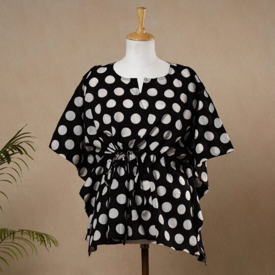 CHUTNEY CRAFT STUDIO Black - Hand Printed Cotton Kaftan with Tie-Up Waist (Short)
