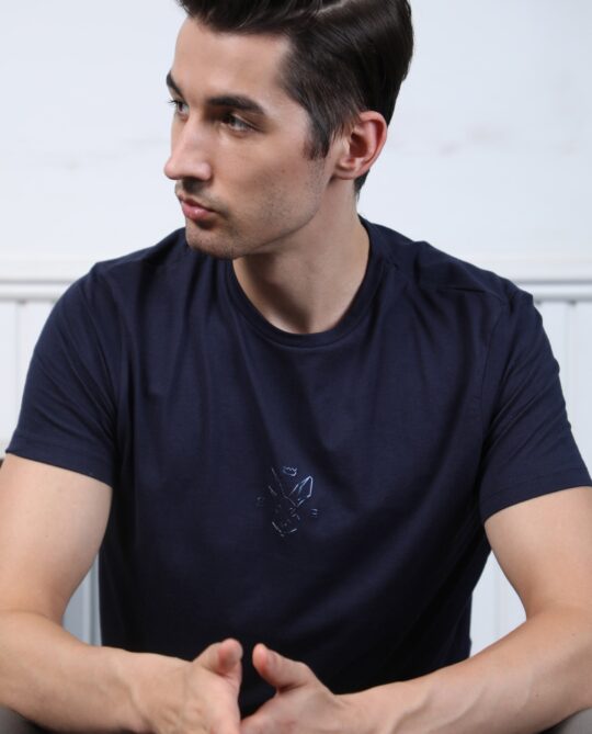Rare Rabbit Men's Oval Navy Cotton Fabric Crew Neck Half Sleeves Slim Fit Logo Detailing Solid T-Shirt - view 2