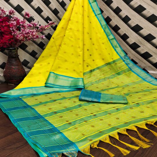 Peachmode Lemon Yellow Zari Woven Lichi Art Silk Saree With Tassels