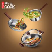 Triply 4Pc Set Sauce Pan/Frying Pan/Kadhai W Gls Lid Wooden Handle (Milton Procook)