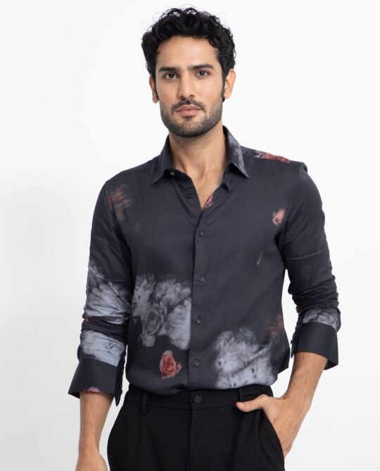 Rare Rabbit Men's Tulson Black Cotton Modal Fabric Floral Print Full Sleeves Shirt