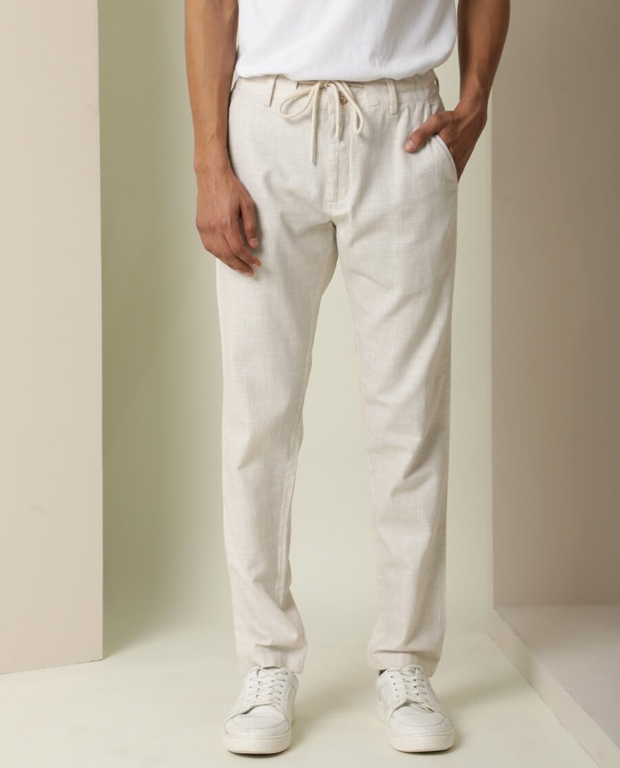 Rare Rabbit Men's Brera Beige Mid-Rise Regular Fit With Drawstring And Elastic Waistband Classic Striped Trouser