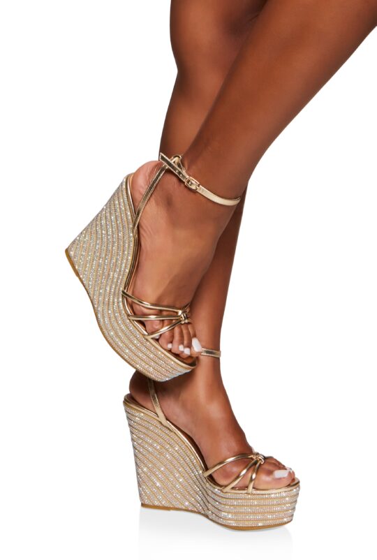 Rainbow Shops Open Toe Rhinestone Platform Wedges
