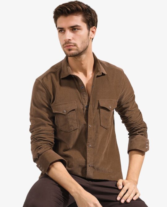 Rare Rabbit Men's Cordini Brown Cotton Fabric Full Sleeves Solid Shirt