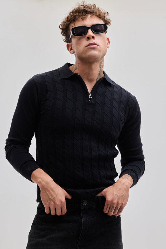 SNITCH Black Zipper Knitted Polo T-Shirt