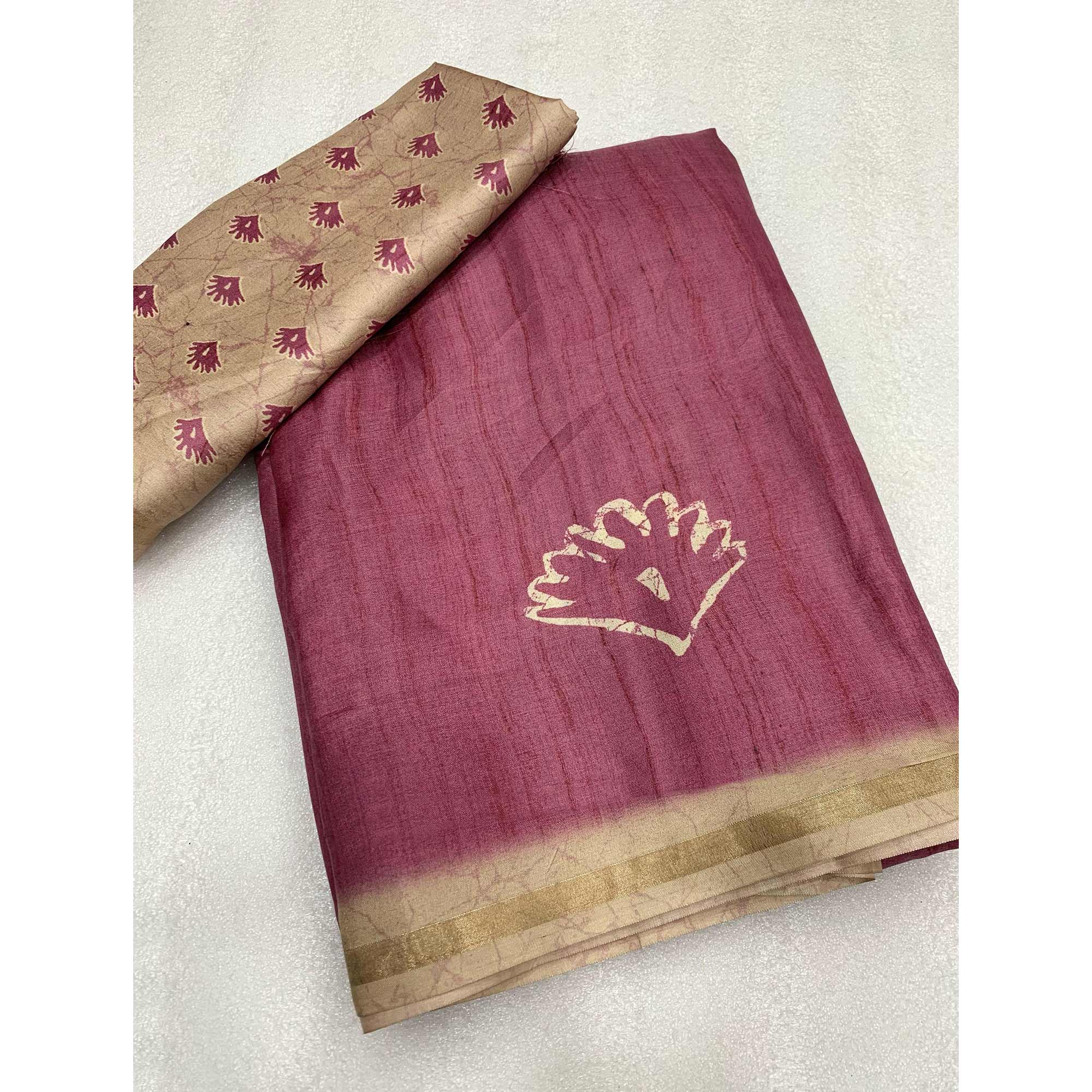 Peachmode Light Wine Printed Tussar Silk Saree - view 5