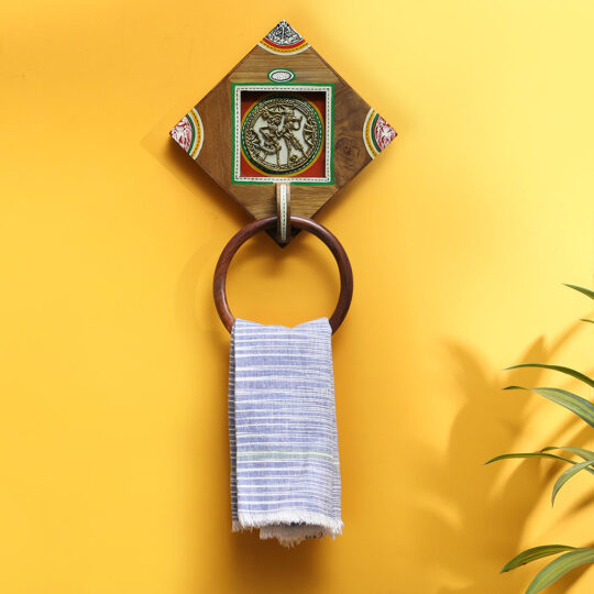 EXCLUSIVELANE 'Brass-y On Wood' Warli Handpainted Sheesham Wood Towel Holder with Dhokra Motif