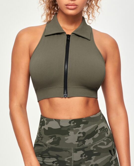 FIRM ABS Ribbed Full Zip Padded Tank Top - Olive Green