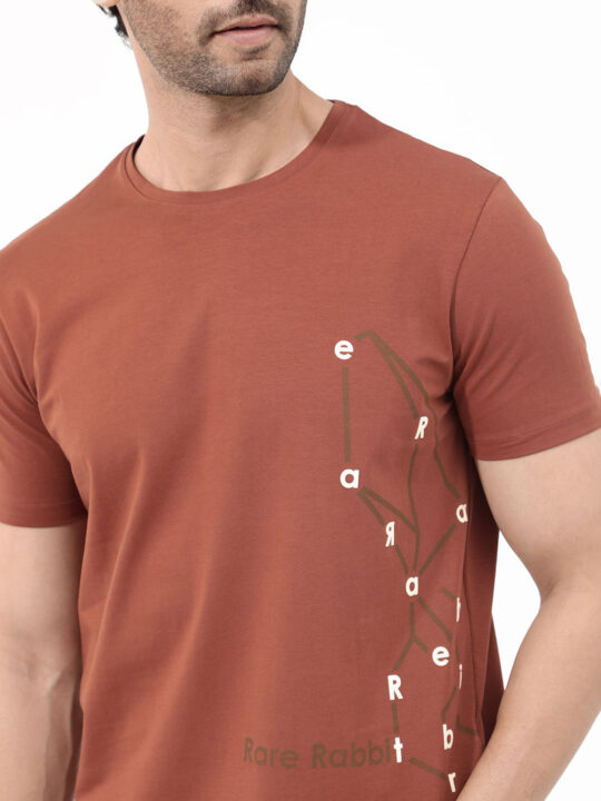 Rare Rabbit Articale Mens Magnus Dusky Rust Cotton Polyester Fabric Short Sleeve Crew Neck Slim Fit Printed T-Shirt - view 2