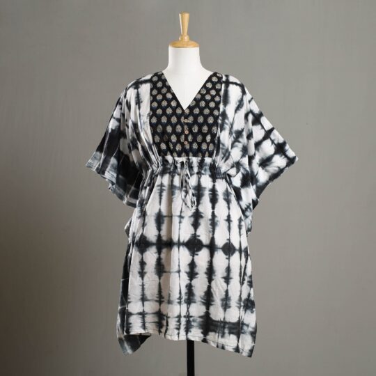 ITOKRI CASUALS Black - Shibori Tie-Dye Cotton Kaftan with Tie-Up Waist (Medium)