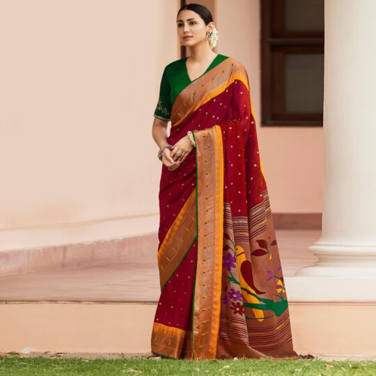 Peachmode Maroon Woven Paithani Brasso Saree With Tassels