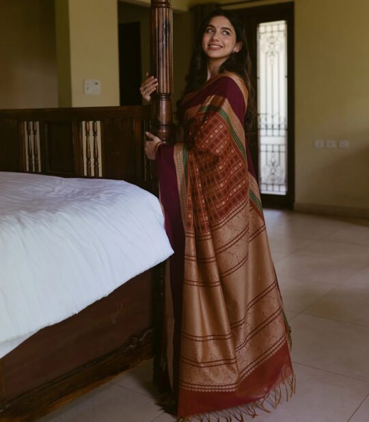 RmKV Rust Handloom Village Cotton Saree With Checks & Kamalam Motifs-Rust