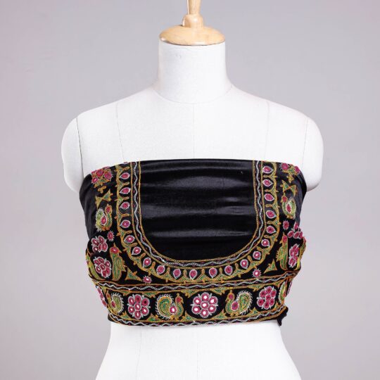 KACHCHH JI CHHAAP Black - Ahir Hand Embroidery Kutch Mirror Work Mashru Silk Blouse Piece