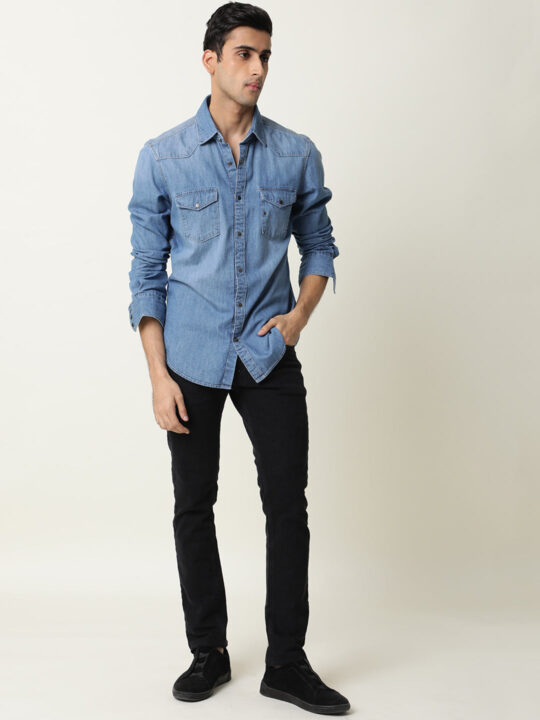 Rare Rabbit Men's Taison Light Blue Full Sleeves Denim Shirt - view 2