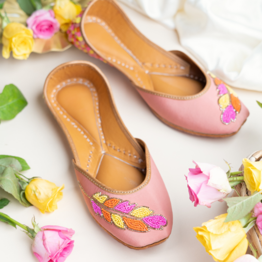 BlackTree Baby Pink Sequins and Beaded Leaf Jutti