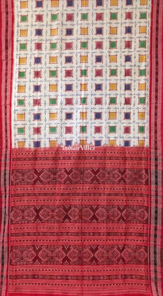 IndianVillèz White Ashwini Theme Sambalpuri Cotton Saree
