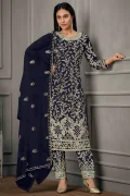 Navy Blue Sequin Embroidered Trouser Suit
